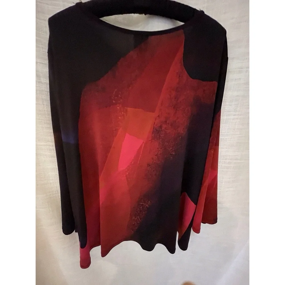 Clara Sunwoo Twist Front Abstract Top XL Black Red Bell Sleeve Made in USA - Picture 2 of 13